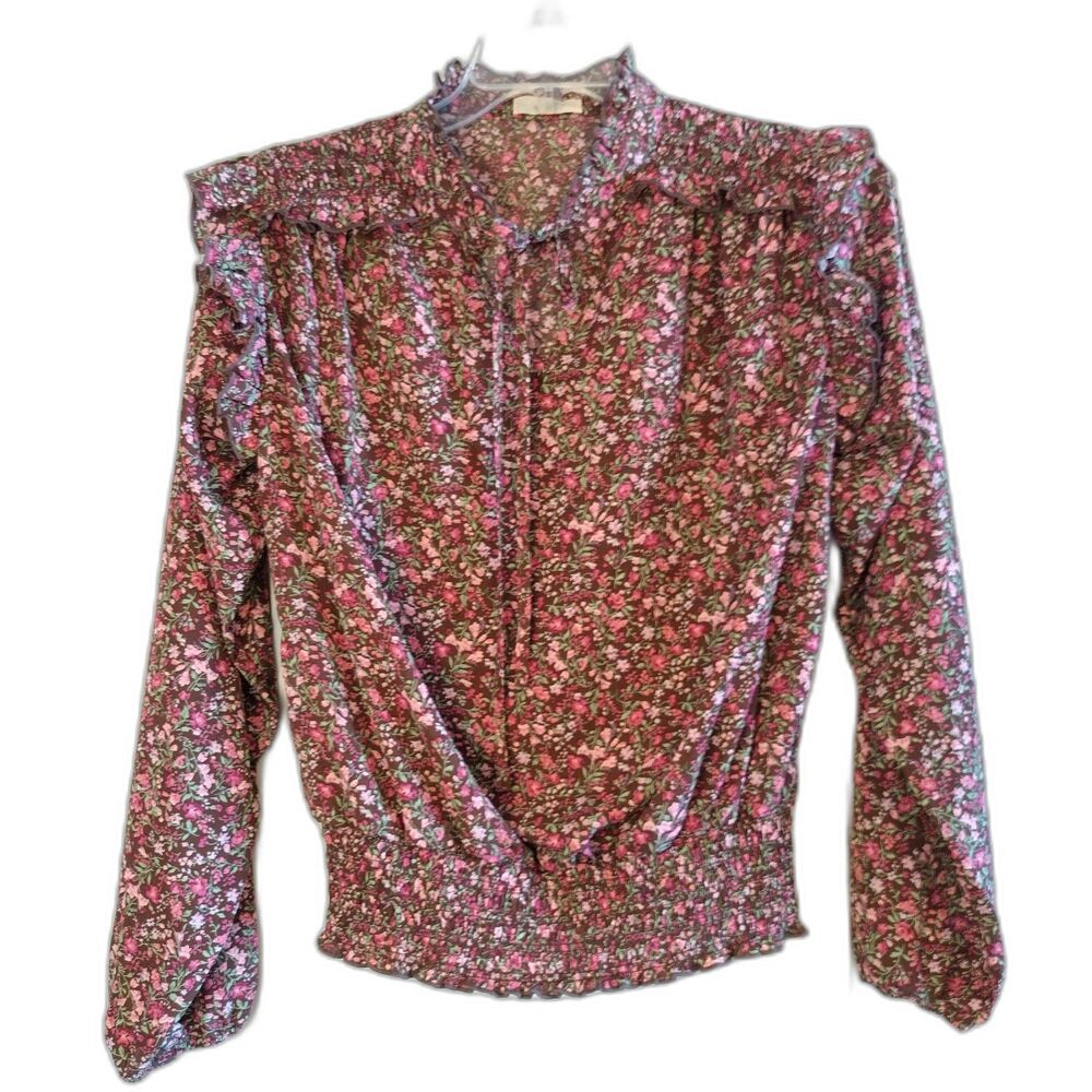 Easel Cottagecore Prairie Blouse Ruffles Tie Front S Red Ditsy Floral Bloomcore